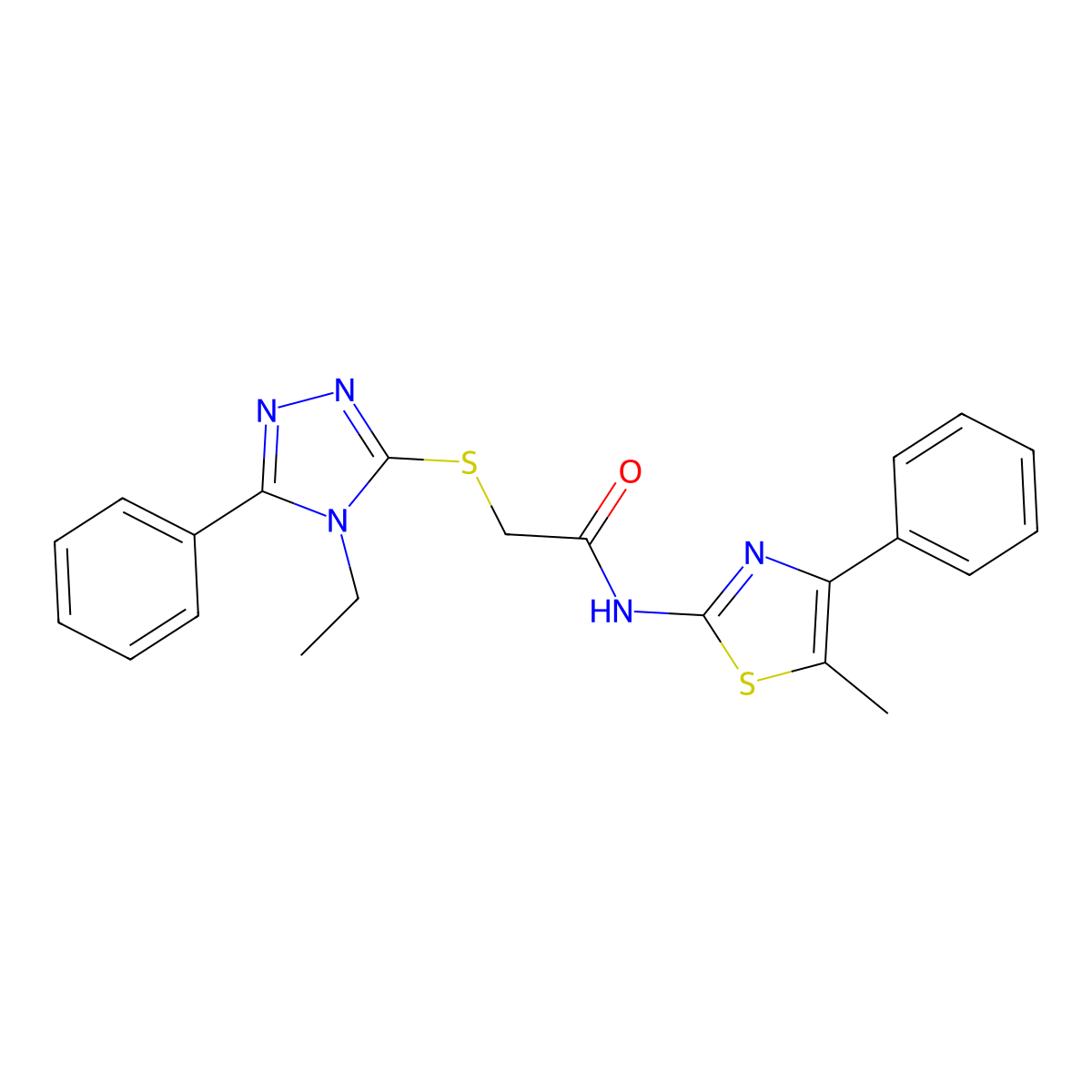 2-[(4-ethyl-5-phenyl-1,2,4-triazol-3-yl)sulfanyl]-N-(5-methyl-4-phenyl-1,3-thiazol-2-yl)acetamide molecular structure, CAS 693237-16-0