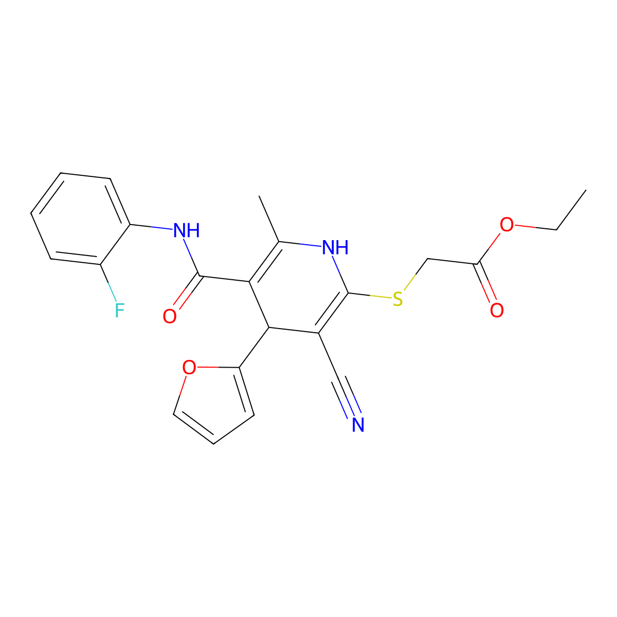 Ethyl 2-({3-cyano-5-[(2-fluorophenyl)carbamoyl]-4-(furan-2-YL)-6-methyl-1,4-dihydropyridin-2-YL}sulfanyl)acetate molecular structure, CAS 693237-26-2