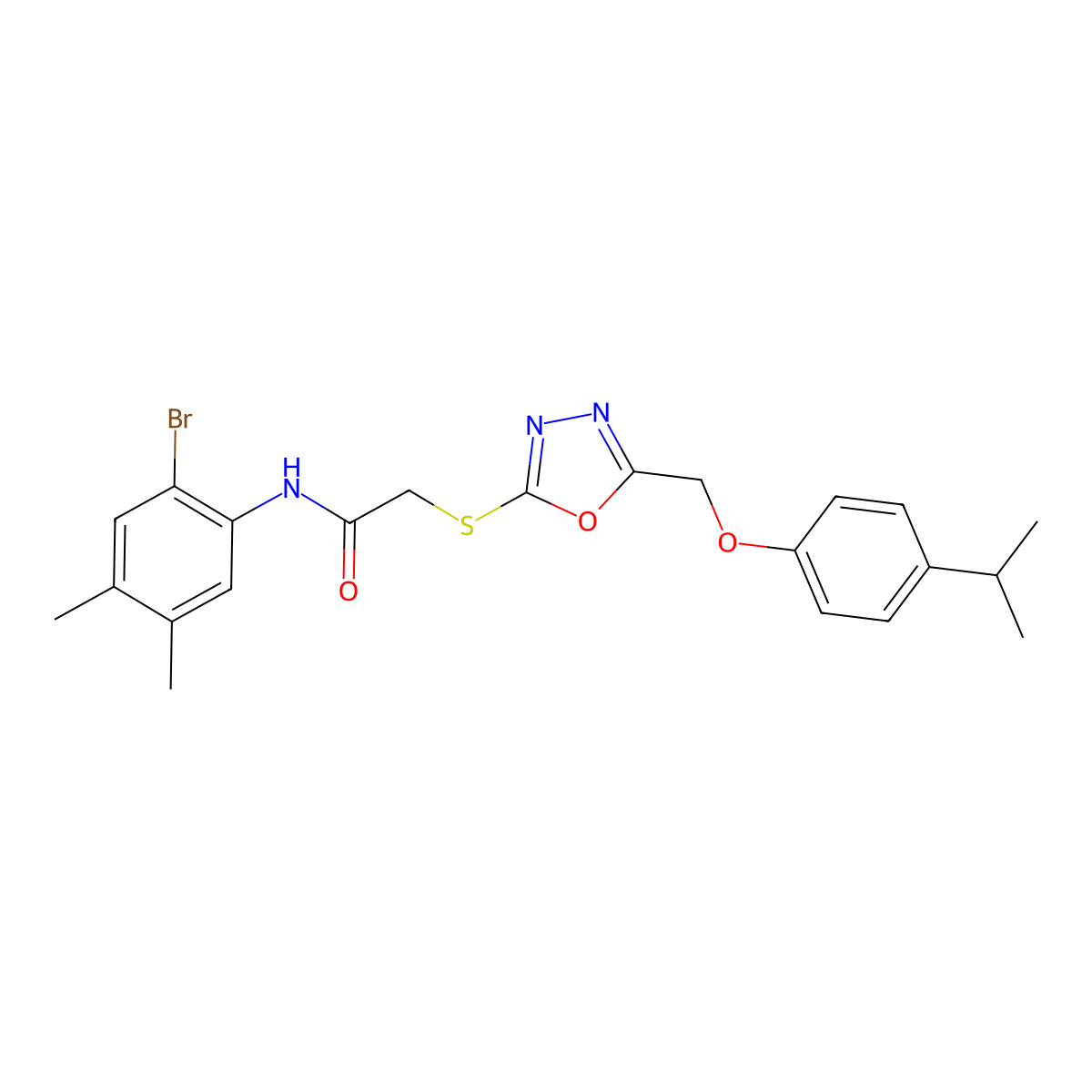 N-(2-bromo-4,5-dimethylphenyl)-2-[[5-[(4-propan-2-ylphenoxy)methyl]-1,3,4-oxadiazol-2-yl]sulfanyl]acetamide molecular structure, CAS 693237-48-8