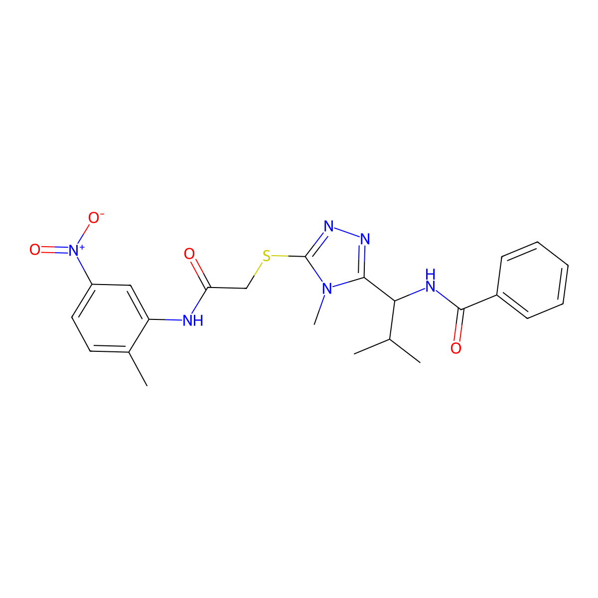 N-{2-methyl-1-[4-methyl-5-({2-[(2-methyl-5-nitrophenyl)amino]-2-oxoethyl}sulfanyl)-4H-1,2,4-triazol-3-yl]propyl}benzamide molecular structure, CAS 693238-03-8