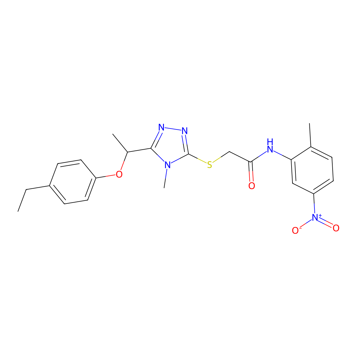 2-[[5-[1-(4-ethylphenoxy)ethyl]-4-methyl-1,2,4-triazol-3-yl]sulfanyl]-N-(2-methyl-5-nitrophenyl)acetamide molecular structure, CAS 693238-27-6
