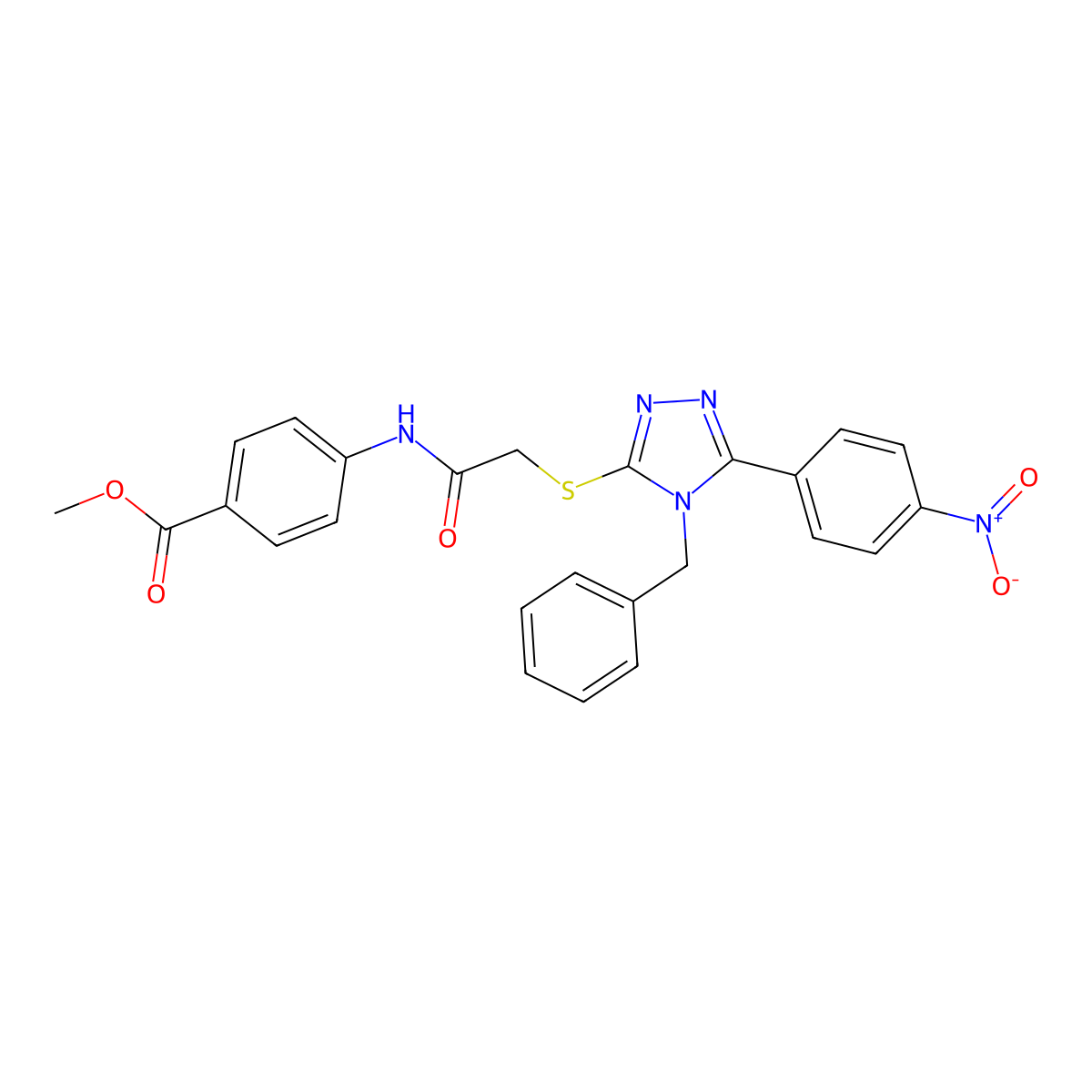 methyl 4-[({[4-benzyl-5-(4-nitrophenyl)-4H-1,2,4-triazol-3-yl]sulfanyl}acetyl)amino]benzoate molecular structure, CAS 693238-37-8