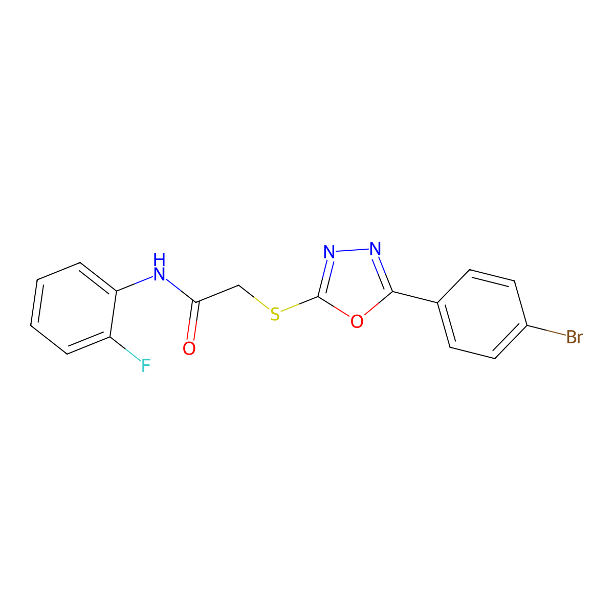 2-[[5-(4-bromophenyl)-1,3,4-oxadiazol-2-yl]sulfanyl]-N-(2-fluorophenyl)acetamide molecular structure, CAS 693238-45-8