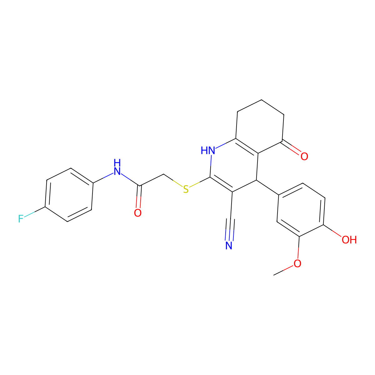 2-[[3-cyano-4-(4-hydroxy-3-methoxyphenyl)-5-oxo-4,6,7,8-tetrahydro-1H-quinolin-2-yl]sulfanyl]-N-(4-fluorophenyl)acetamide molecular structure, CAS 693238-51-6