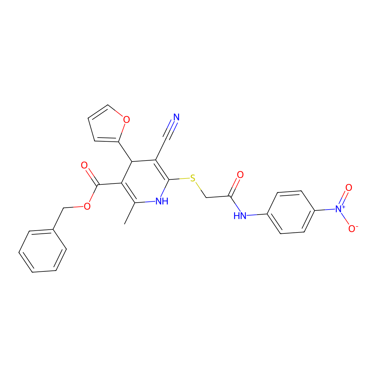 Benzyl 5-cyano-4-(furan-2-yl)-2-methyl-6-[2-(4-nitroanilino)-2-oxoethyl]sulfanyl-1,4-dihydropyridine-3-carboxylate molecular structure, CAS 693238-55-0