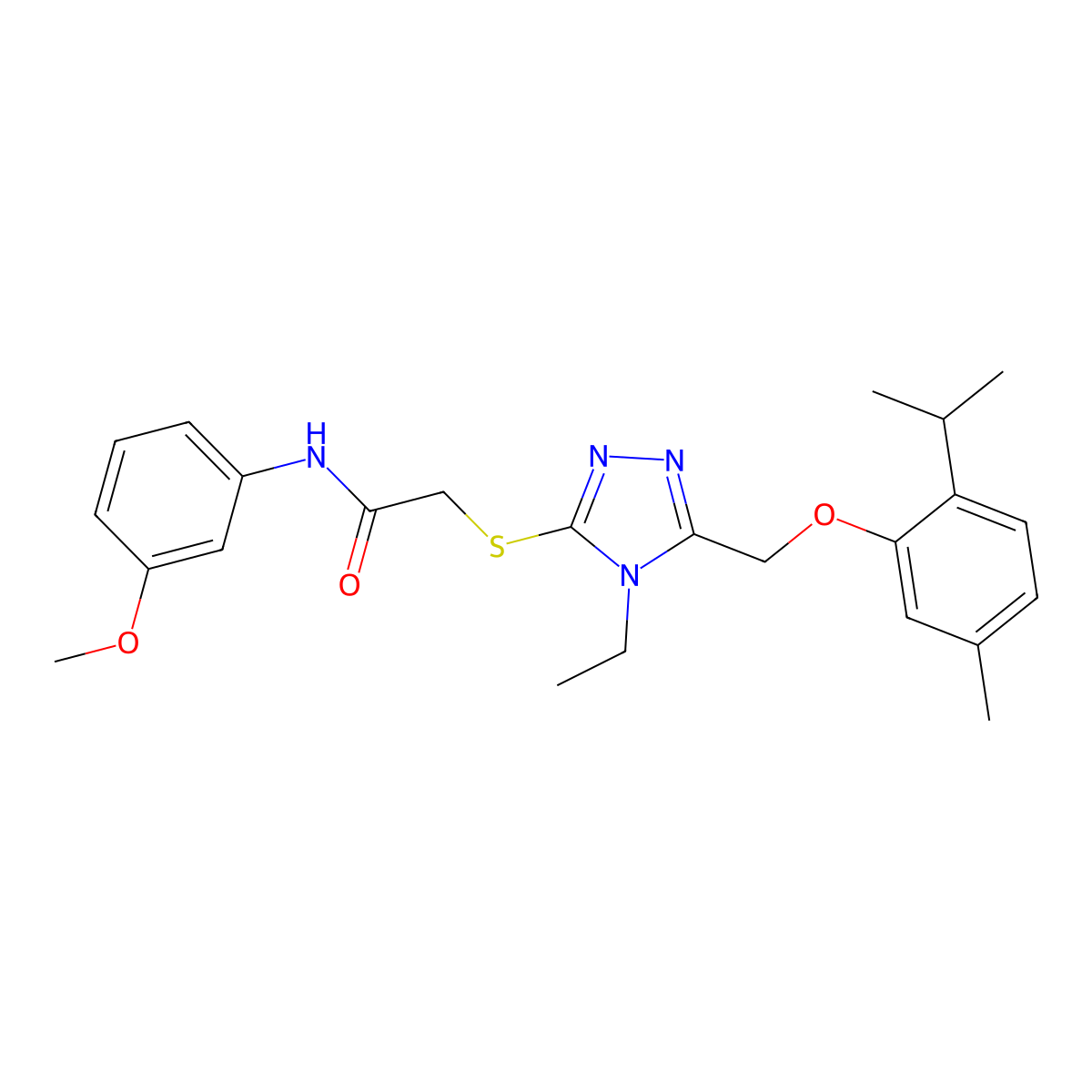 2-[[4-ethyl-5-[(5-methyl-2-propan-2-ylphenoxy)methyl]-1,2,4-triazol-3-yl]sulfanyl]-N-(3-methoxyphenyl)acetamide molecular structure, CAS 693239-53-1