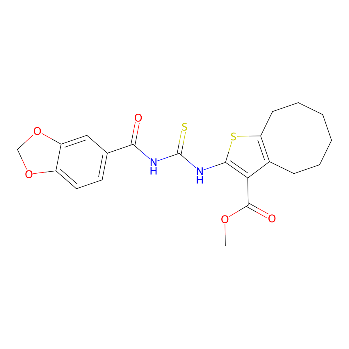 Methyl 2-(1,3-benzodioxole-5-carbonylcarbamothioylamino)-4,5,6,7,8,9-hexahydrocycloocta[b]thiophene-3-carboxylate molecular structure, CAS 693239-79-1