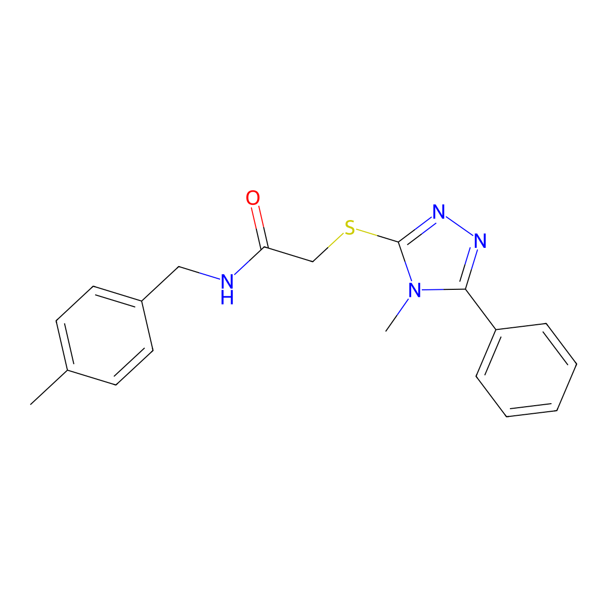 N-[(4-methylphenyl)methyl]-2-[(4-methyl-5-phenyl-1,2,4-triazol-3-yl)sulfanyl]acetamide molecular structure, CAS 693239-82-6