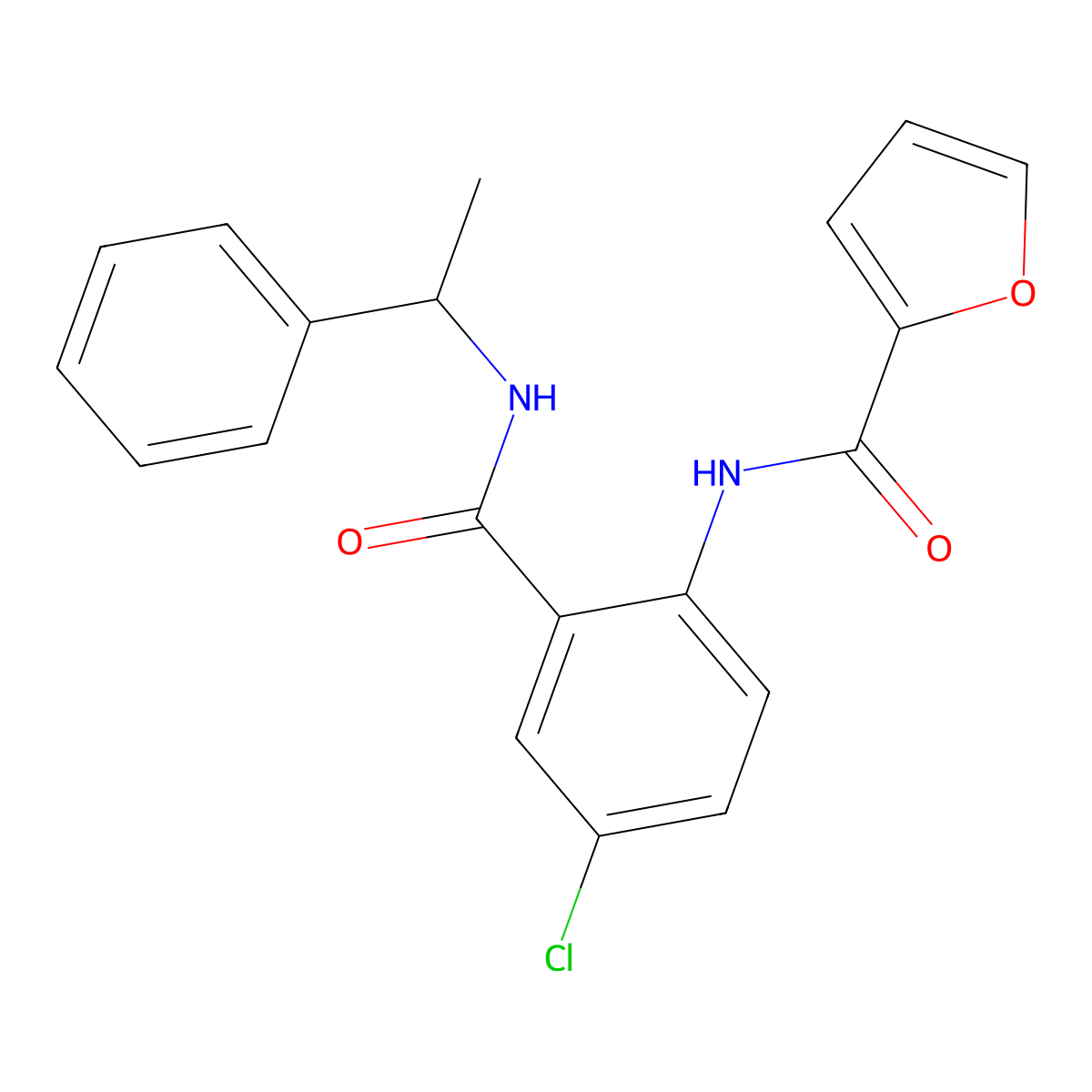 N-[4-chloro-2-(1-phenylethylcarbamoyl)phenyl]furan-2-carboxamide molecular structure, CAS 693239-85-9