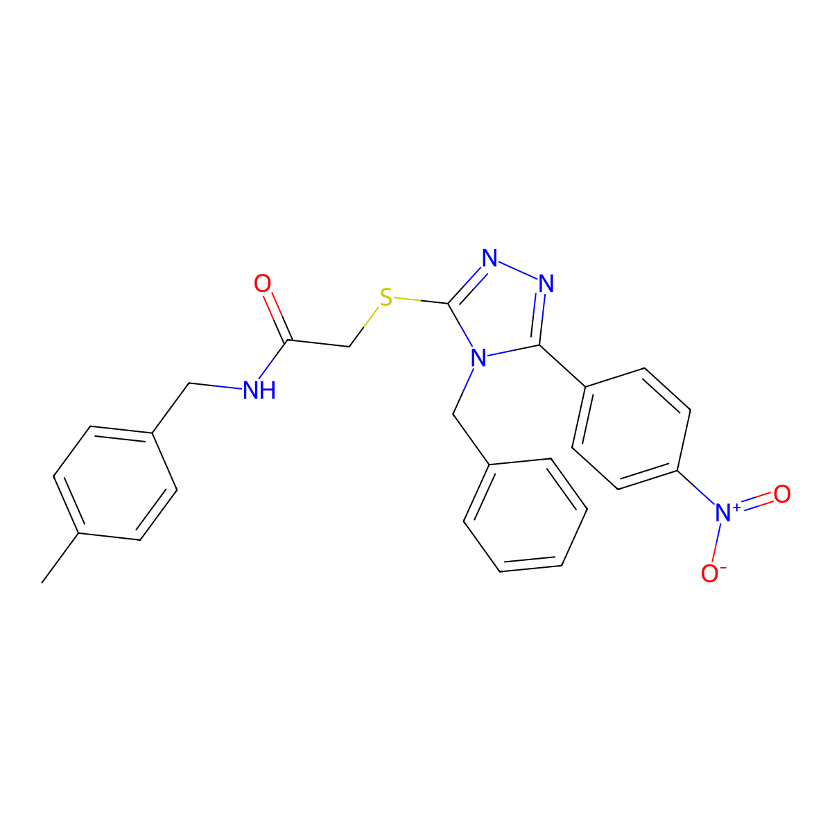 2-[[4-benzyl-5-(4-nitrophenyl)-1,2,4-triazol-3-yl]sulfanyl]-N-[(4-methylphenyl)methyl]acetamide molecular structure, CAS 693240-01-6
