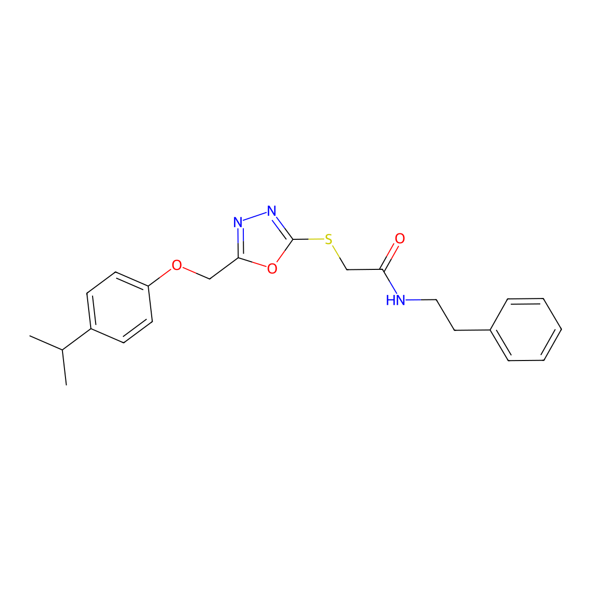 N-(2-phenylethyl)-2-[(5-{[4-(propan-2-yl)phenoxy]methyl}-1,3,4-oxadiazol-2-yl)sulfanyl]acetamide molecular structure, CAS 693240-10-7