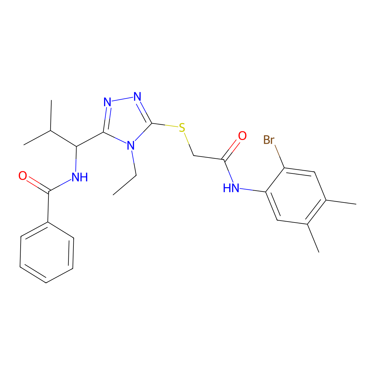 N-[1-[5-[2-(2-bromo-4,5-dimethylanilino)-2-oxoethyl]sulfanyl-4-ethyl-1,2,4-triazol-3-yl]-2-methylpropyl]benzamide molecular structure, CAS 693240-27-6
