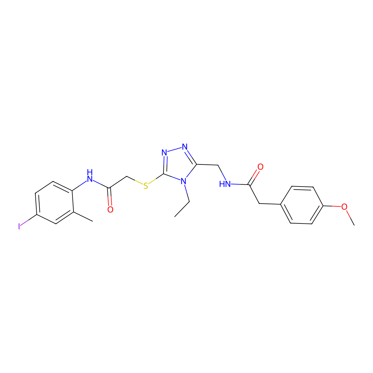 2-{[4-ethyl-5-({[(4-methoxyphenyl)acetyl]amino}methyl)-4H-1,2,4-triazol-3-yl]sulfanyl}-N-(4-iodo-2-methylphenyl)acetamide molecular structure, CAS 693240-47-0