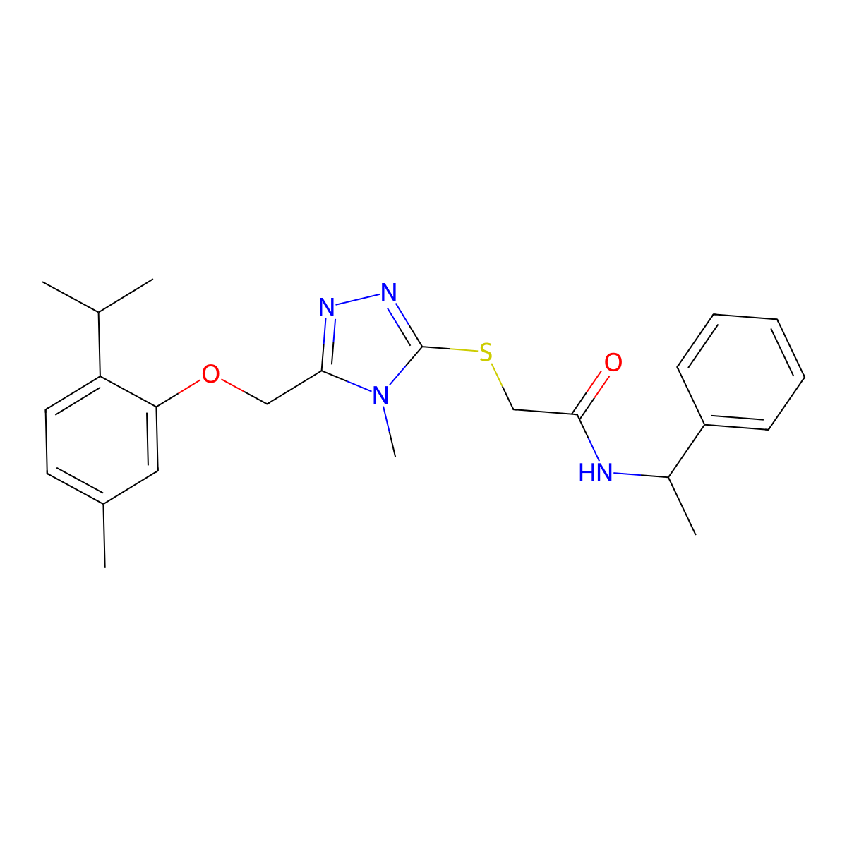2-[[4-methyl-5-[(5-methyl-2-propan-2-ylphenoxy)methyl]-1,2,4-triazol-3-yl]sulfanyl]-N-(1-phenylethyl)acetamide molecular structure, CAS 693240-69-6