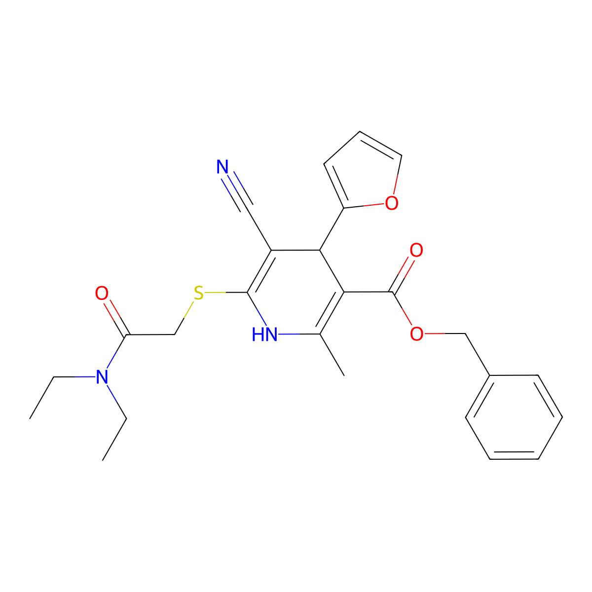 Benzyl 5-cyano-6-[2-(diethylamino)-2-oxoethyl]sulfanyl-4-(furan-2-yl)-2-methyl-1,4-dihydropyridine-3-carboxylate molecular structure, CAS 693240-76-5