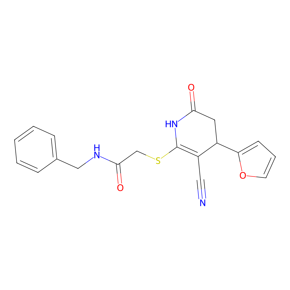 N-benzyl-2-{[3-cyano-4-(furan-2-yl)-6-oxo-1,4,5,6-tetrahydropyridin-2-yl]sulfanyl}acetamide molecular structure, CAS 693240-77-6