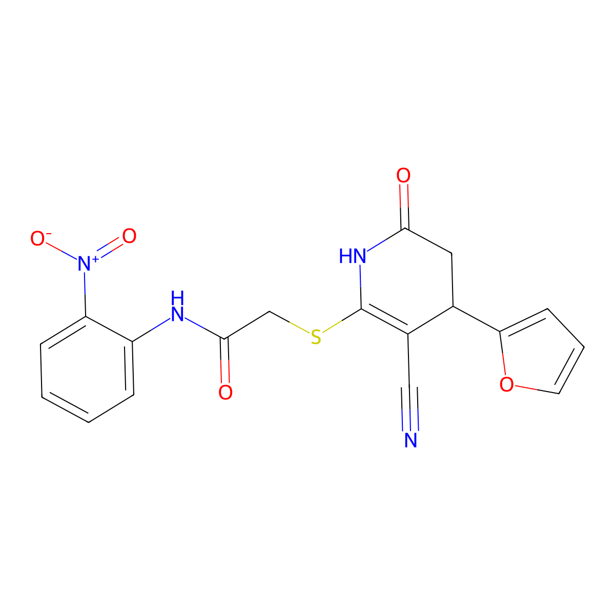 2-[[5-cyano-4-(furan-2-yl)-2-oxo-3,4-dihydro-1H-pyridin-6-yl]sulfanyl]-N-(2-nitrophenyl)acetamide molecular structure, CAS 693240-81-2