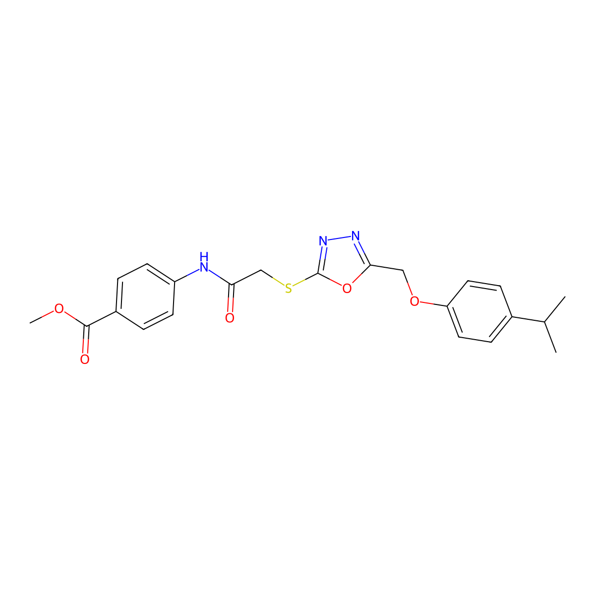 Methyl 4-({[(5-{[4-(propan-2-yl)phenoxy]methyl}-1,3,4-oxadiazol-2-yl)sulfanyl]acetyl}amino)benzoate molecular structure, CAS 693241-02-0