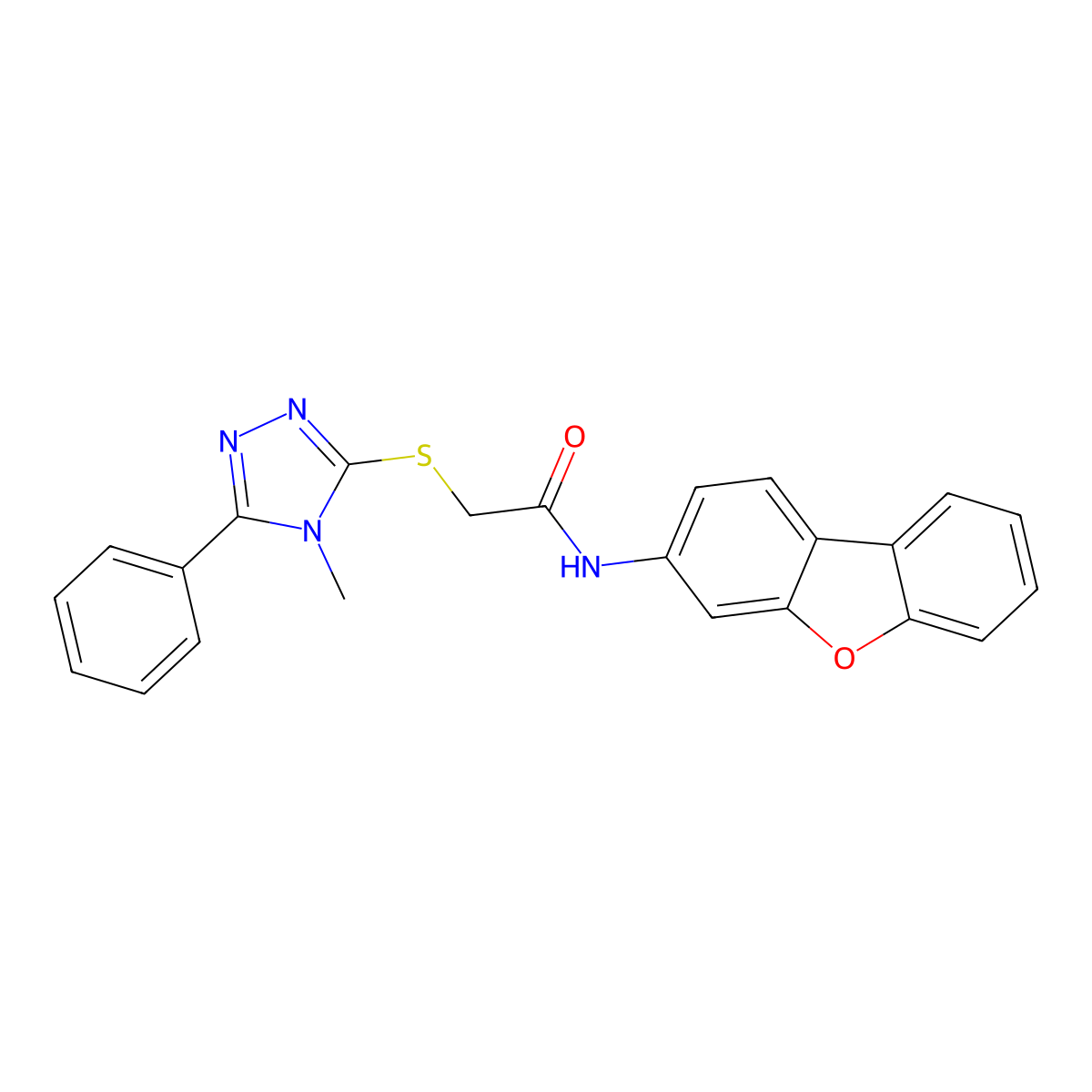 N-(3-dibenzofuranyl)-2-[(4-methyl-5-phenyl-1,2,4-triazol-3-yl)thio]acetamide molecular structure, CAS 693241-09-7
