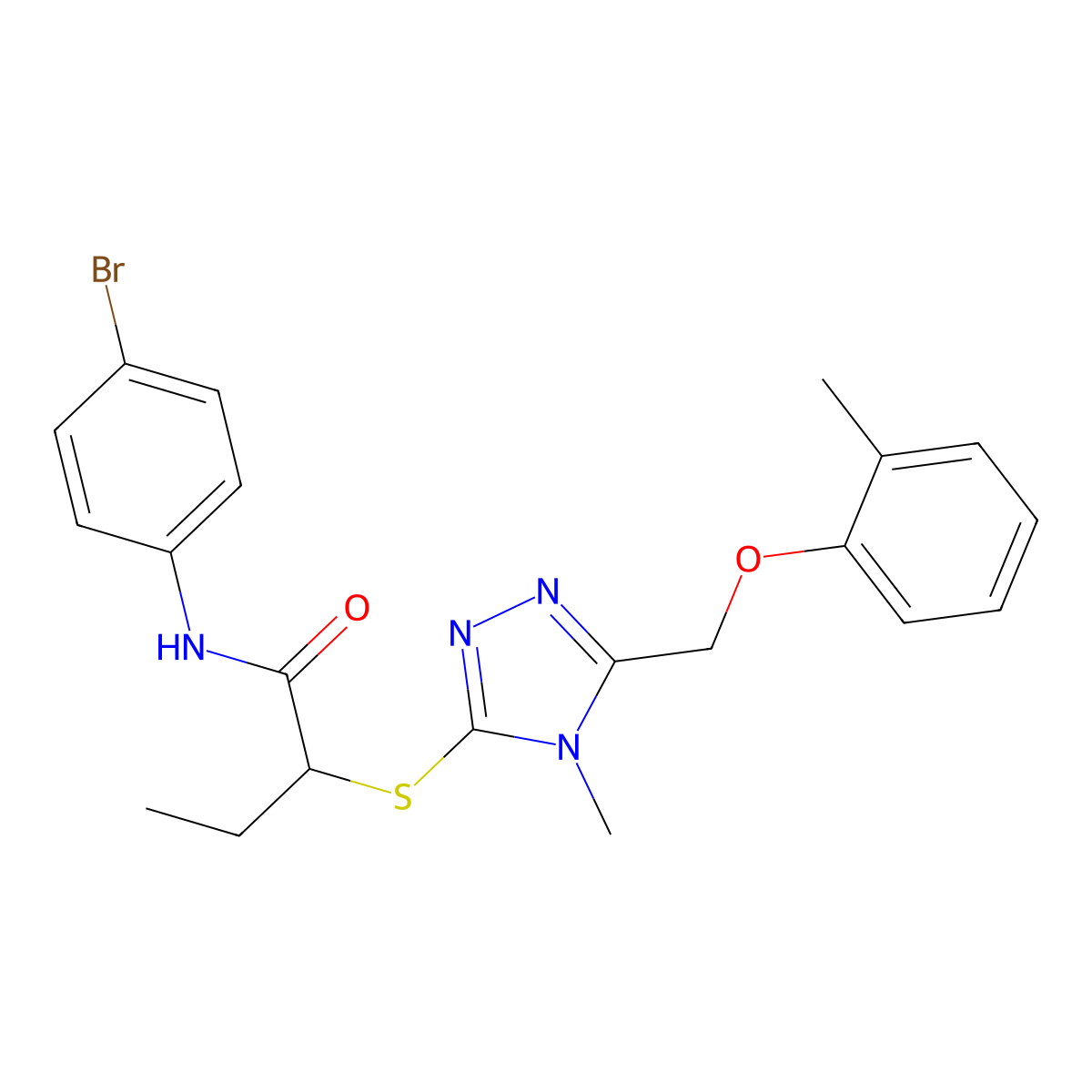 N-(4-bromophenyl)-2-[[4-methyl-5-[(2-methylphenoxy)methyl]-1,2,4-triazol-3-yl]sulfanyl]butanamide molecular structure, CAS 693241-25-7