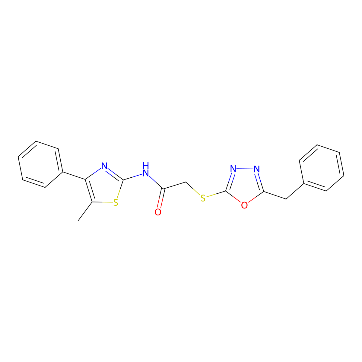 2-[(5-benzyl-1,3,4-oxadiazol-2-yl)sulfanyl]-N-(5-methyl-4-phenyl-1,3-thiazol-2-yl)acetamide molecular structure, CAS 693241-41-7