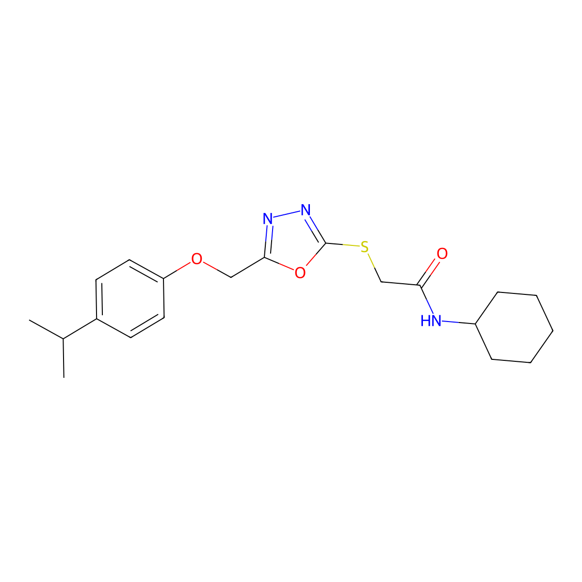 N-cyclohexyl-2-[[5-[(4-propan-2-ylphenoxy)methyl]-1,3,4-oxadiazol-2-yl]sulfanyl]acetamide molecular structure, CAS 693241-46-2