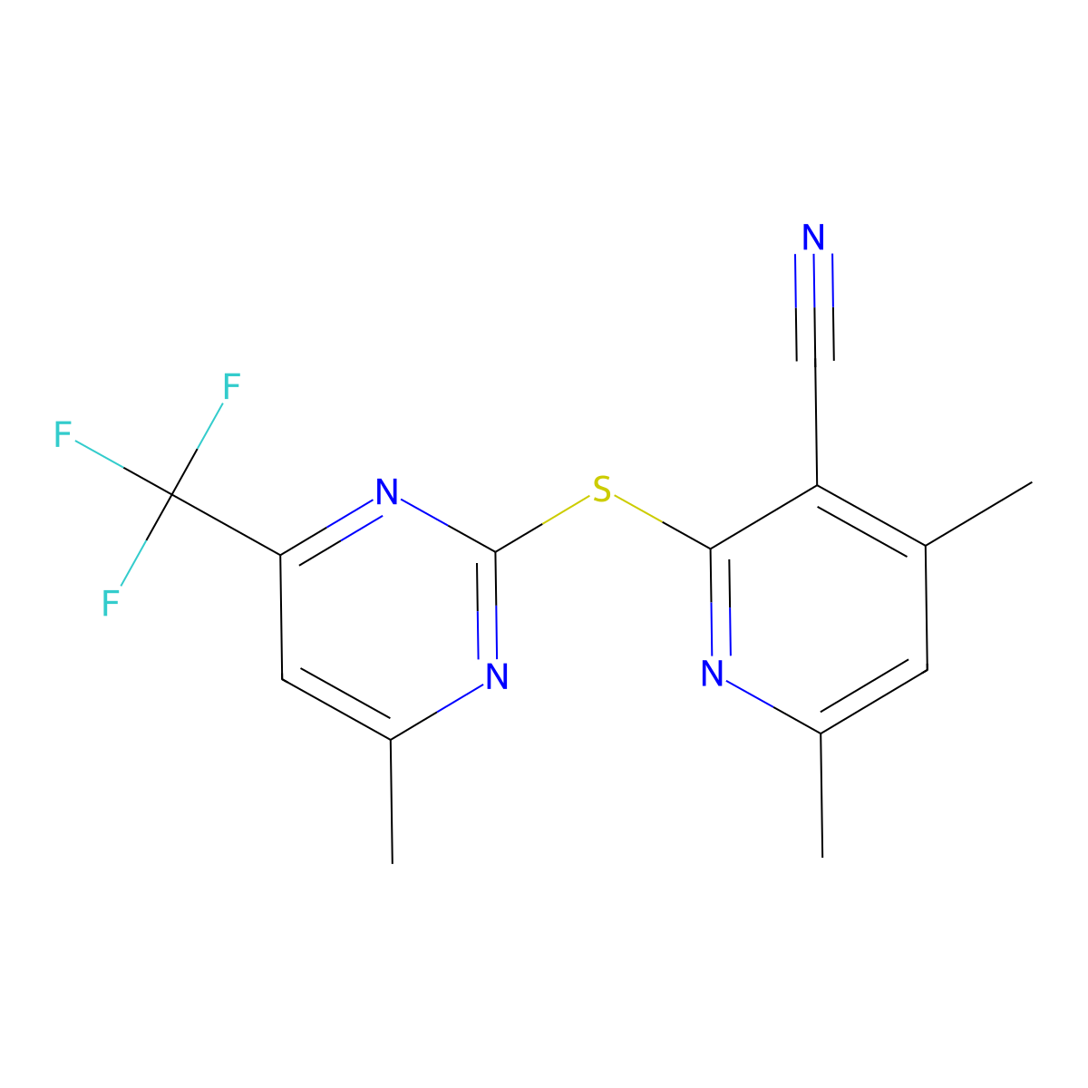4,6-Dimethyl-2-[4-methyl-6-(trifluoromethyl)pyrimidin-2-yl]sulfanylpyridine-3-carbonitrile molecular structure, CAS 693241-51-9