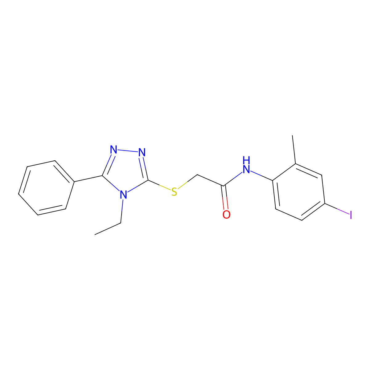 2-[(4-ethyl-5-phenyl-1,2,4-triazol-3-yl)sulfanyl]-N-(4-iodo-2-methylphenyl)acetamide molecular structure, CAS 693242-23-8