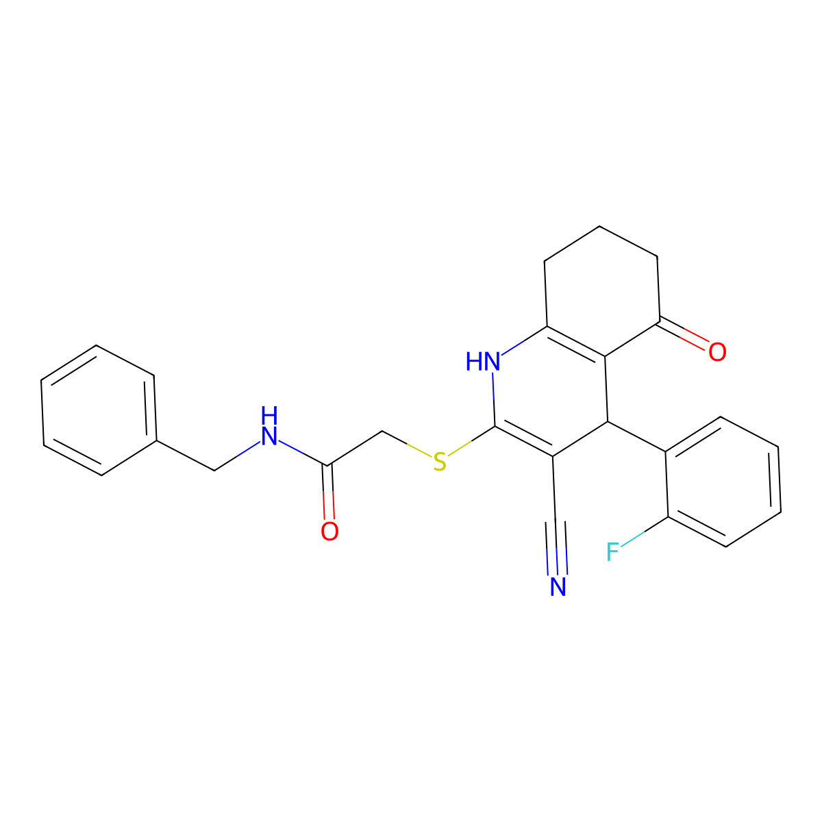 N-benzyl-2-[[3-cyano-4-(2-fluorophenyl)-5-oxo-4,6,7,8-tetrahydro-1H-quinolin-2-yl]sulfanyl]acetamide molecular structure, CAS 693253-81-5
