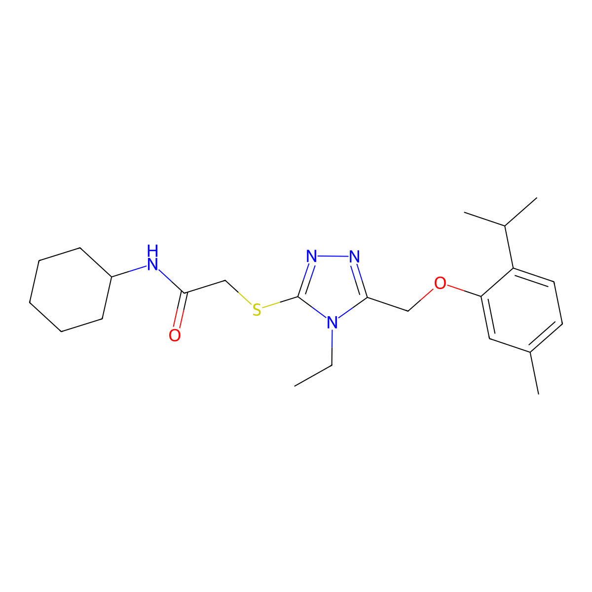 N-cyclohexyl-2-[[4-ethyl-5-[(5-methyl-2-propan-2-ylphenoxy)methyl]-1,2,4-triazol-3-yl]sulfanyl]acetamide molecular structure, CAS 693253-87-1