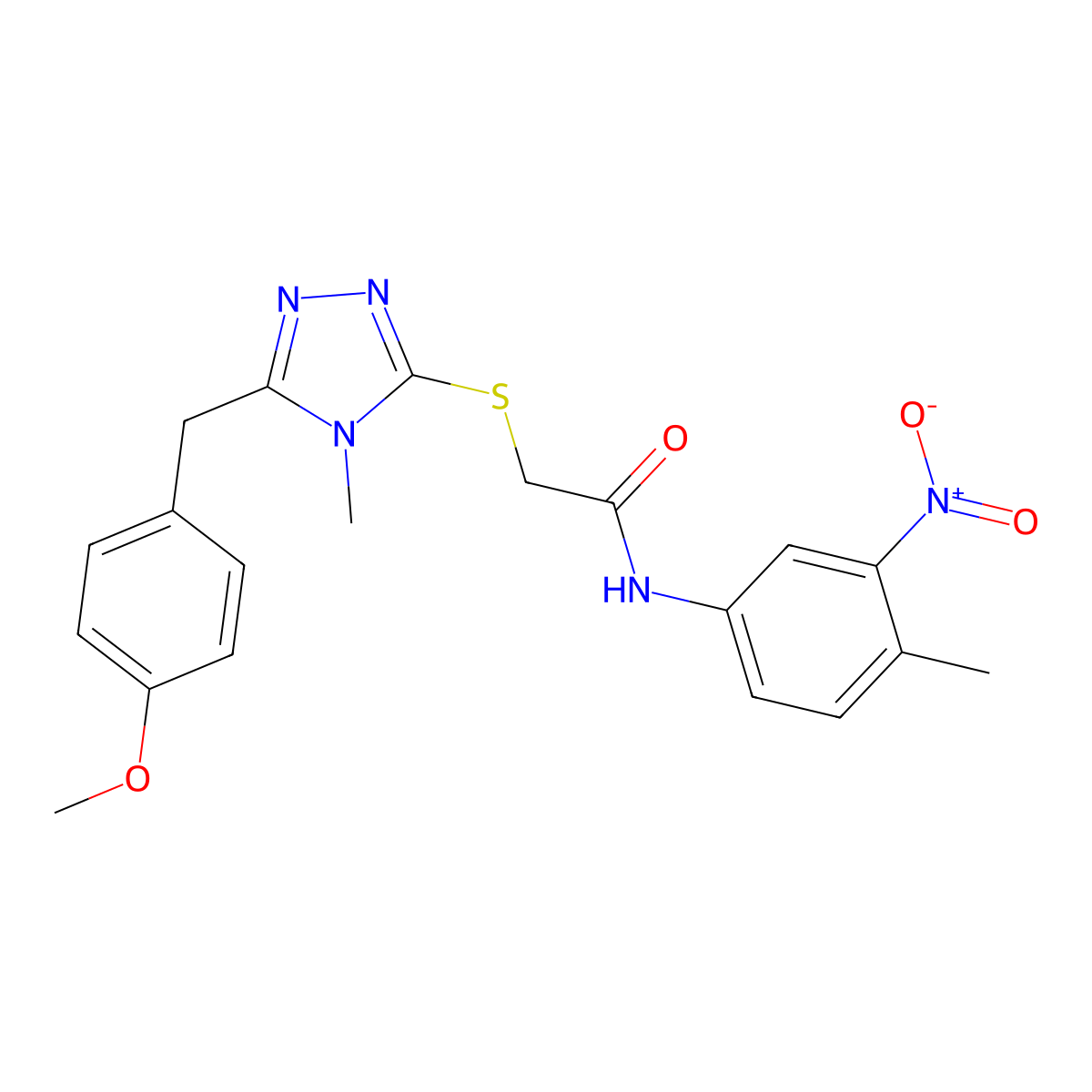 2-[[5-[(4-methoxyphenyl)methyl]-4-methyl-1,2,4-triazol-3-yl]sulfanyl]-N-(4-methyl-3-nitrophenyl)acetamide molecular structure, CAS 693254-04-5