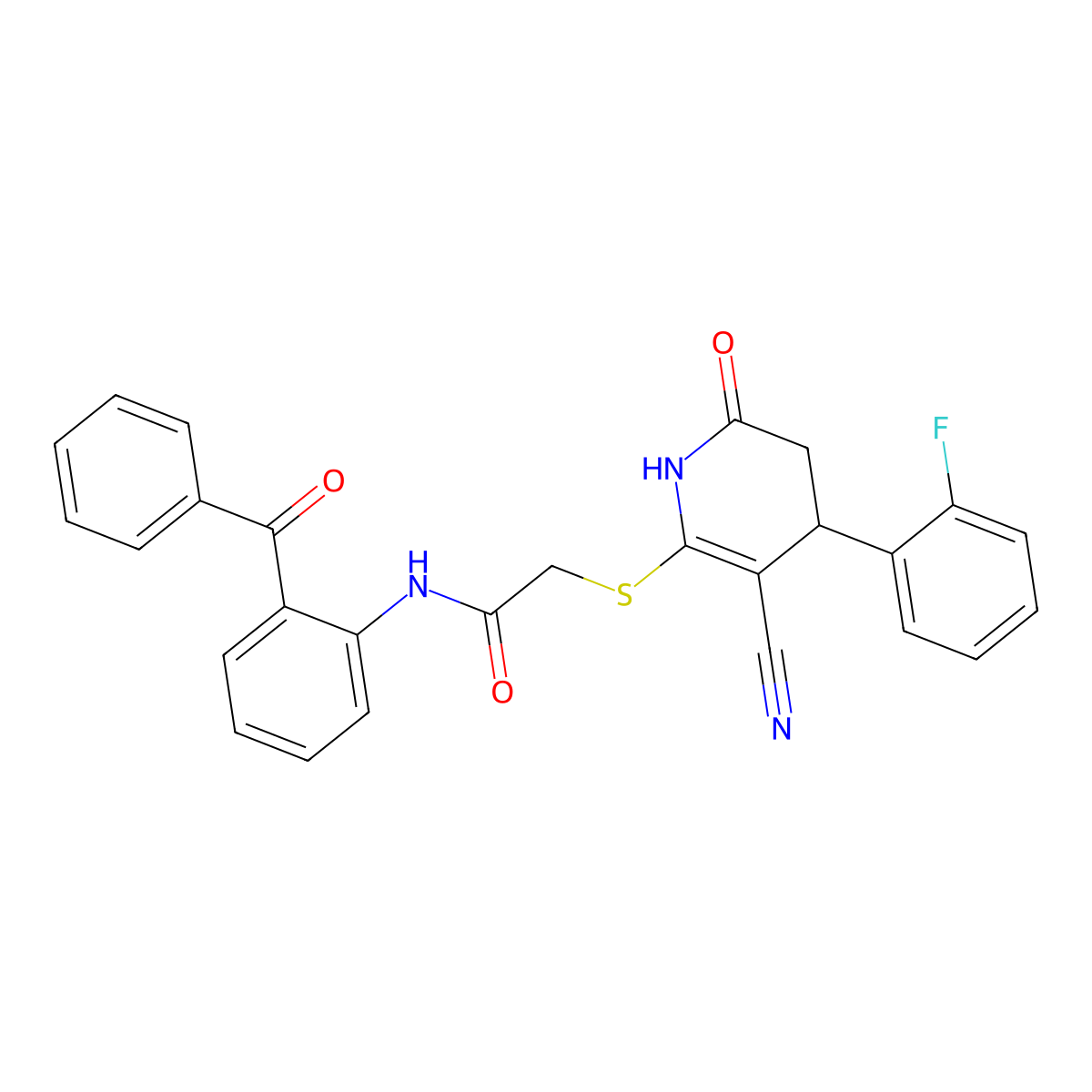 N-(2-benzoylphenyl)-2-[[5-cyano-4-(2-fluorophenyl)-2-oxo-3,4-dihydro-1H-pyridin-6-yl]sulfanyl]acetamide molecular structure, CAS 693254-46-5
