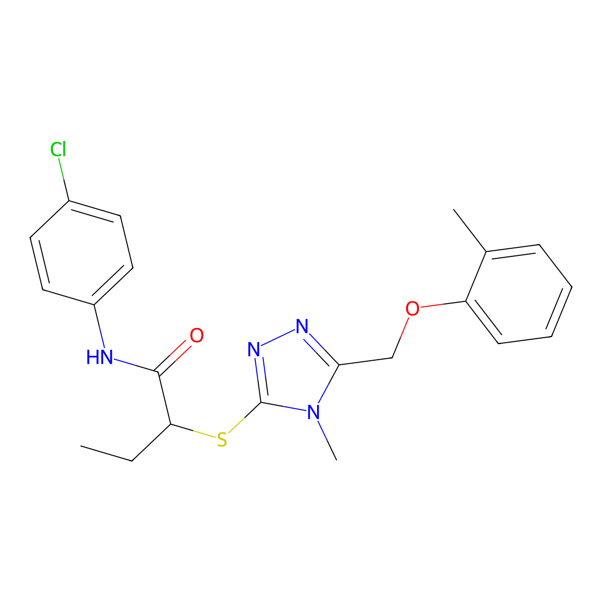 N-(4-chlorophenyl)-2-[[4-methyl-5-[(2-methylphenoxy)methyl]-1,2,4-triazol-3-yl]sulfanyl]butanamide molecular structure, CAS 693254-84-1