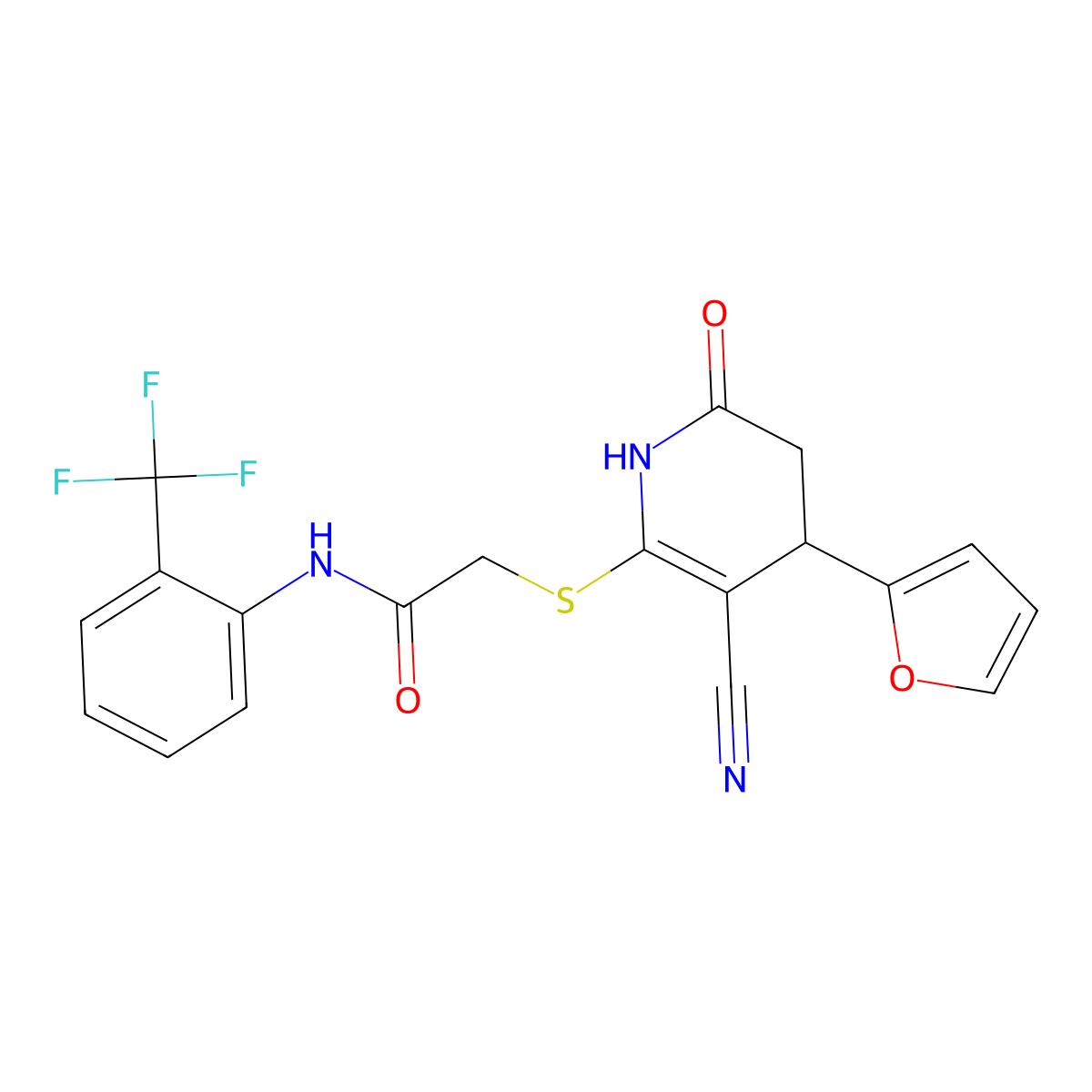 2-[[5-cyano-4-(furan-2-yl)-2-oxo-3,4-dihydro-1H-pyridin-6-yl]sulfanyl]-N-[2-(trifluoromethyl)phenyl]acetamide molecular structure, CAS 693254-86-3