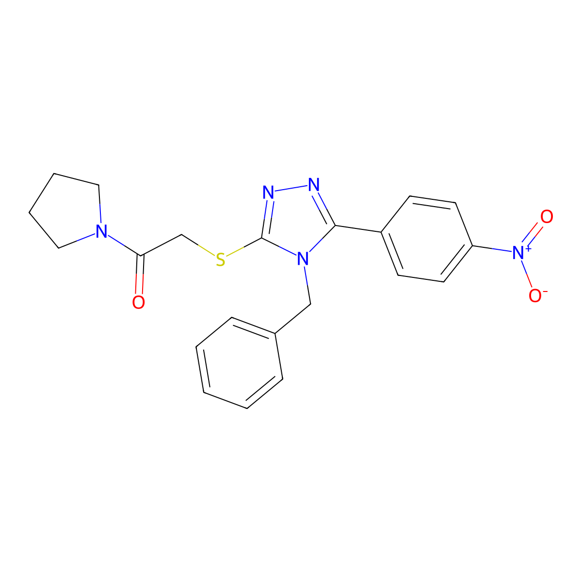 2-[[4-Benzyl-5-(4-nitrophenyl)-1,2,4-triazol-3-yl]sulfanyl]-1-pyrrolidin-1-ylethanone molecular structure, CAS 693254-97-6