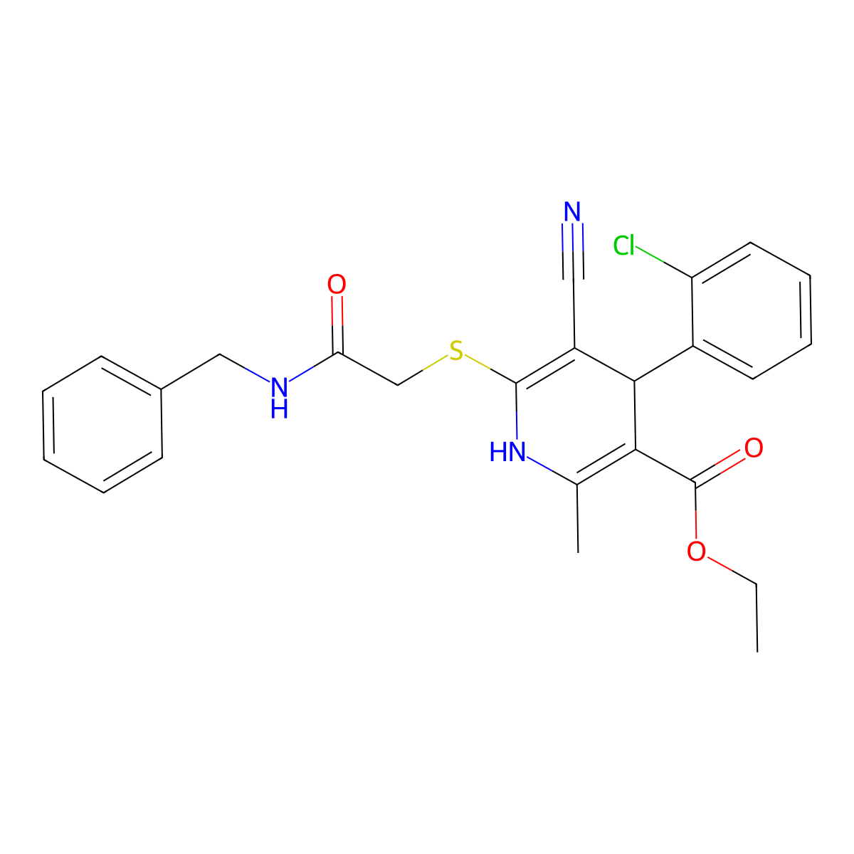 Ethyl 6-{[2-(benzylamino)-2-oxoethyl]sulfanyl}-4-(2-chlorophenyl)-5-cyano-2-methyl-1,4-dihydropyridine-3-carboxylate molecular structure, CAS 693255-14-0
