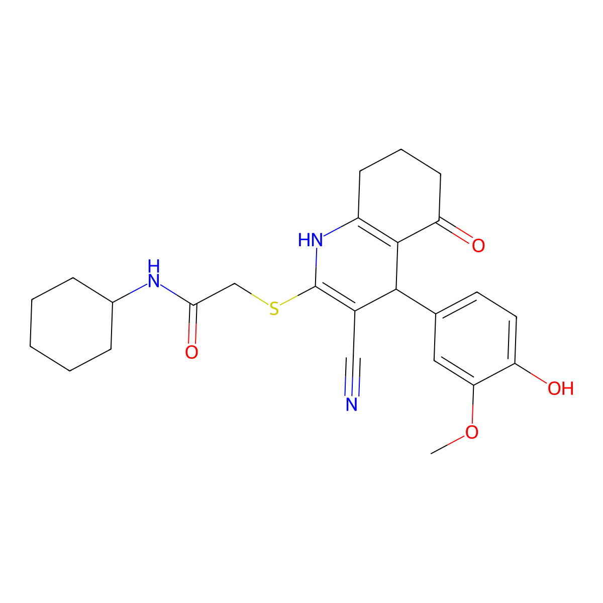 2-[[3-cyano-4-(4-hydroxy-3-methoxyphenyl)-5-oxo-4,6,7,8-tetrahydro-1H-quinolin-2-yl]sulfanyl]-N-cyclohexylacetamide molecular structure, CAS 693255-68-4