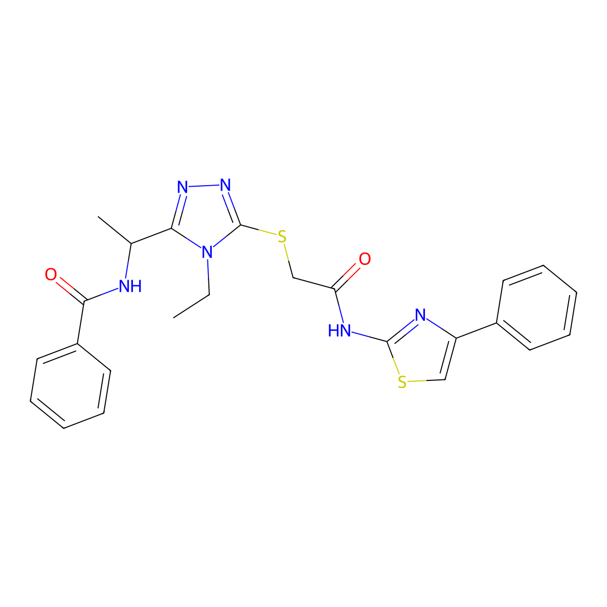 N-{1-[4-ethyl-5-({2-oxo-2-[(4-phenyl-1,3-thiazol-2-yl)amino]ethyl}sulfanyl)-4H-1,2,4-triazol-3-yl]ethyl}benzamide molecular structure, CAS 693264-72-1
