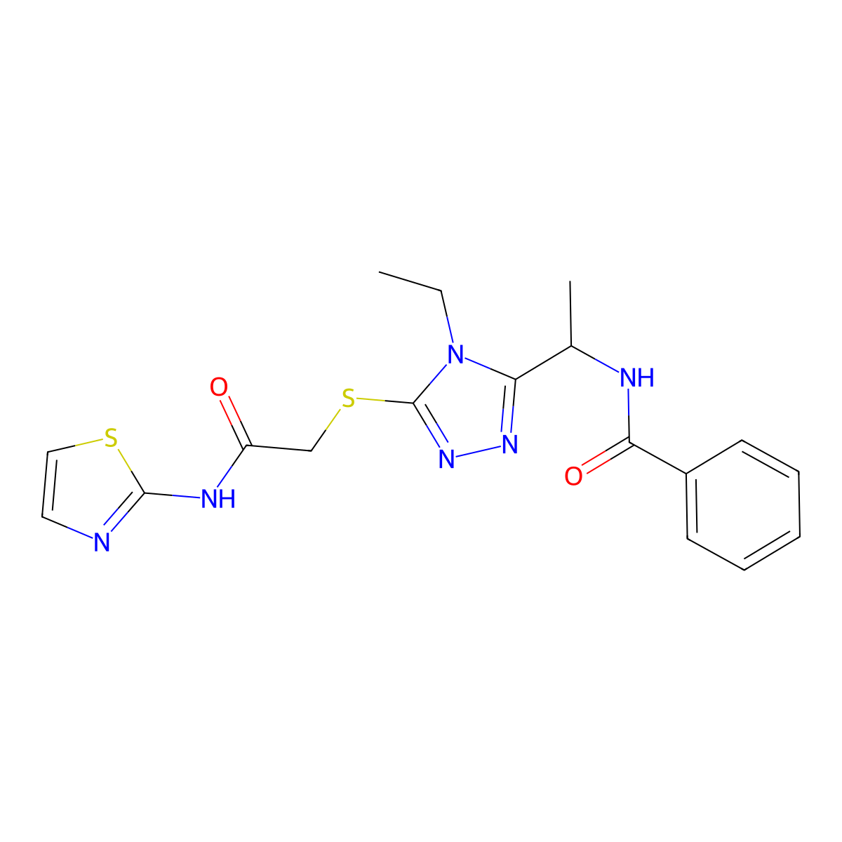 N-[1-(4-ethyl-5-{[2-oxo-2-(1,3-thiazol-2-ylamino)ethyl]sulfanyl}-4H-1,2,4-triazol-3-yl)ethyl]benzamide molecular structure, CAS 693264-84-5