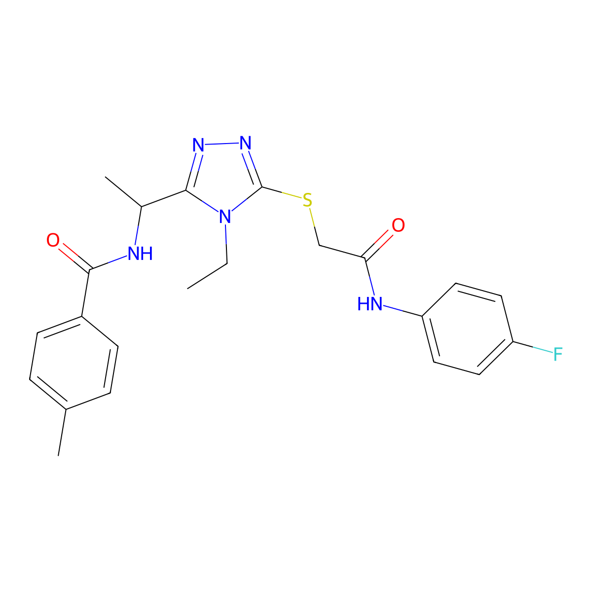 N-{1-[4-ethyl-5-({2-[(4-fluorophenyl)amino]-2-oxoethyl}sulfanyl)-4H-1,2,4-triazol-3-yl]ethyl}-4-methylbenzamide molecular structure, CAS 693264-95-8