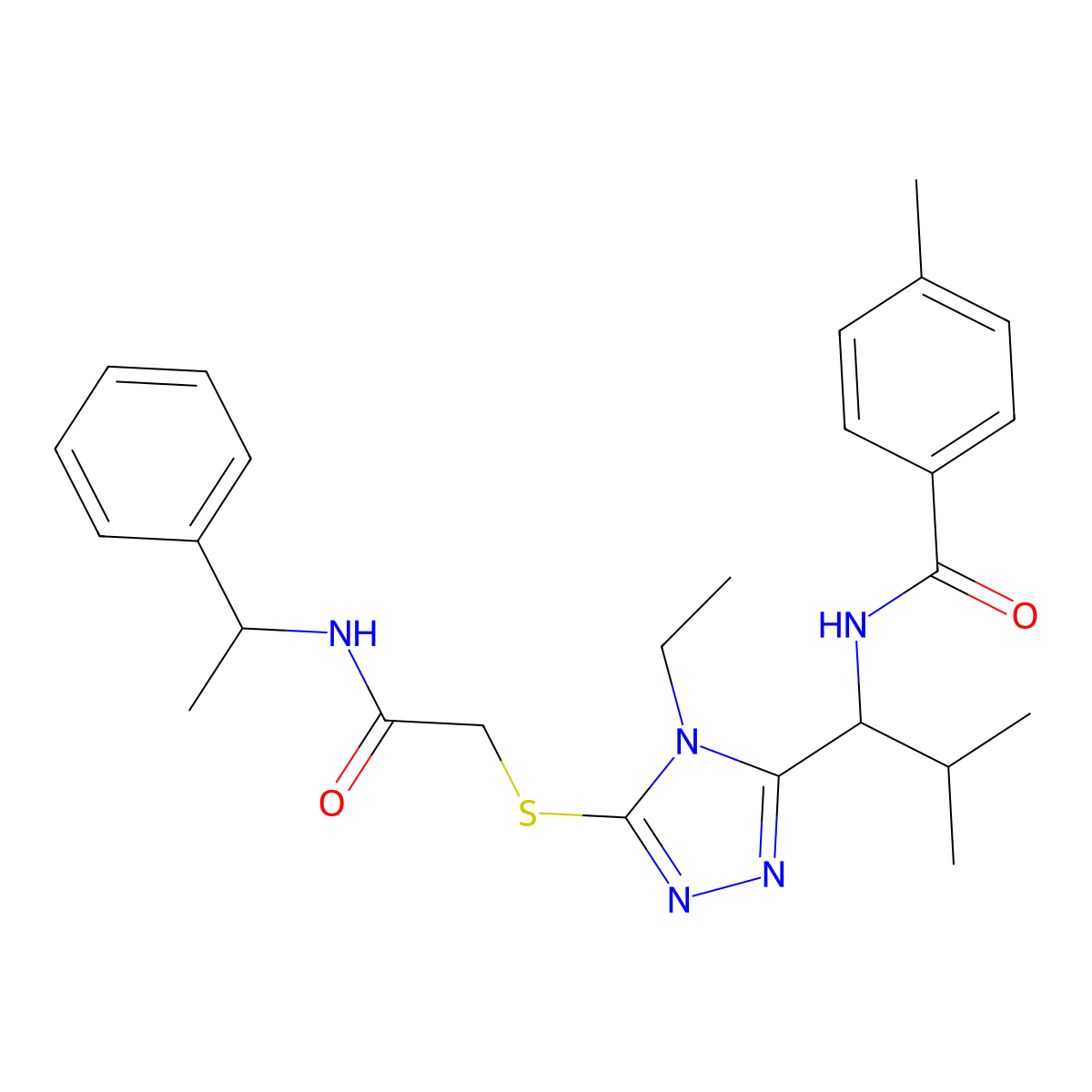 N-{1-[4-ethyl-5-({2-oxo-2-[(1-phenylethyl)amino]ethyl}sulfanyl)-4H-1,2,4-triazol-3-yl]-2-methylpropyl}-4-methylbenzamide molecular structure, CAS 693266-30-7