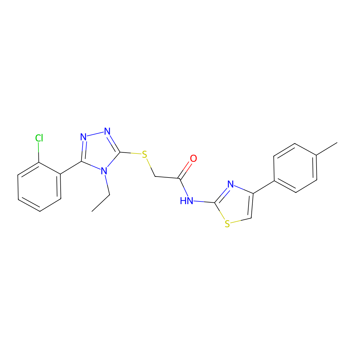 2-[[5-(2-chlorophenyl)-4-ethyl-1,2,4-triazol-3-yl]sulfanyl]-N-[4-(4-methylphenyl)-1,3-thiazol-2-yl]acetamide molecular structure, CAS 693267-24-2