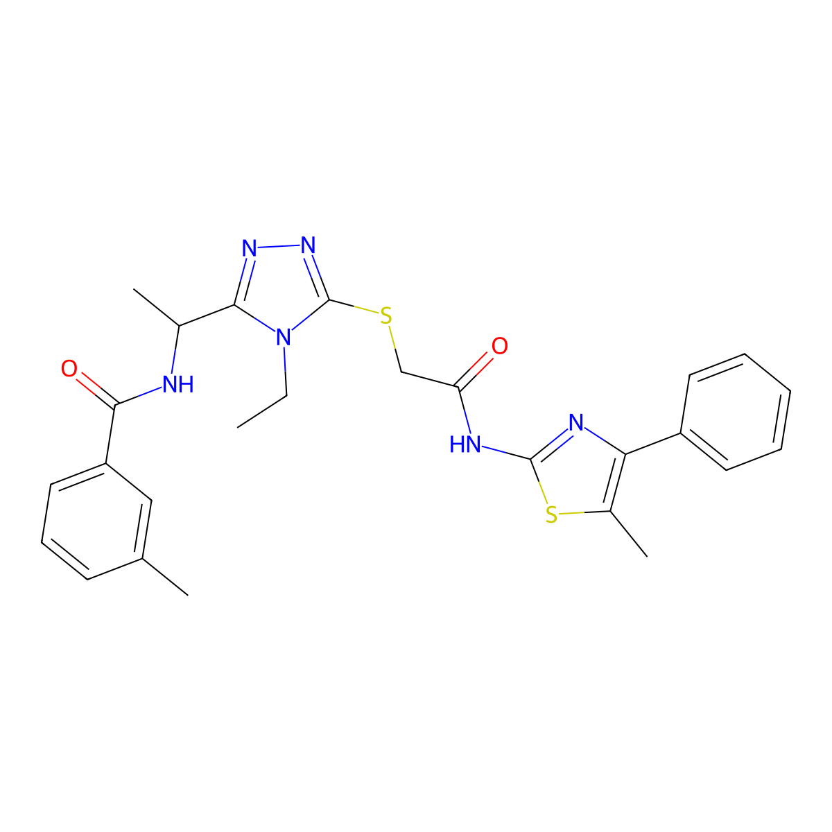 N-[1-[4-ethyl-5-[2-[(5-methyl-4-phenyl-1,3-thiazol-2-yl)amino]-2-oxoethyl]sulfanyl-1,2,4-triazol-3-yl]ethyl]-3-methylbenzamide molecular structure, CAS 693269-07-7
