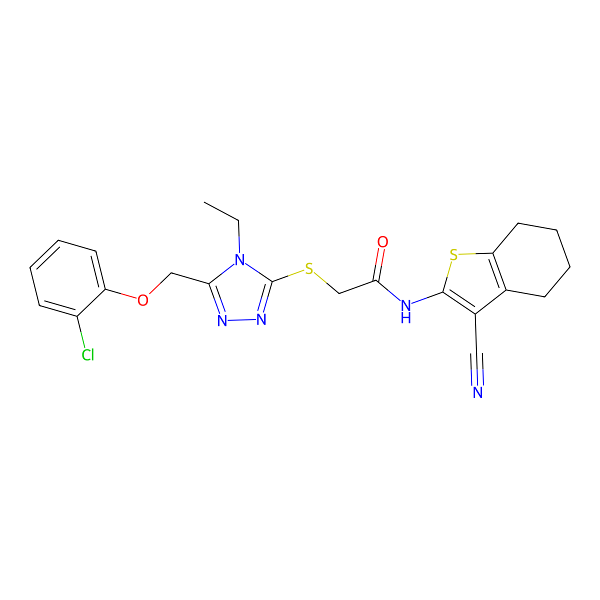 2-[[5-[(2-chlorophenoxy)methyl]-4-ethyl-1,2,4-triazol-3-yl]sulfanyl]-N-(3-cyano-4,5,6,7-tetrahydro-1-benzothiophen-2-yl)acetamide molecular structure, CAS 693269-53-3