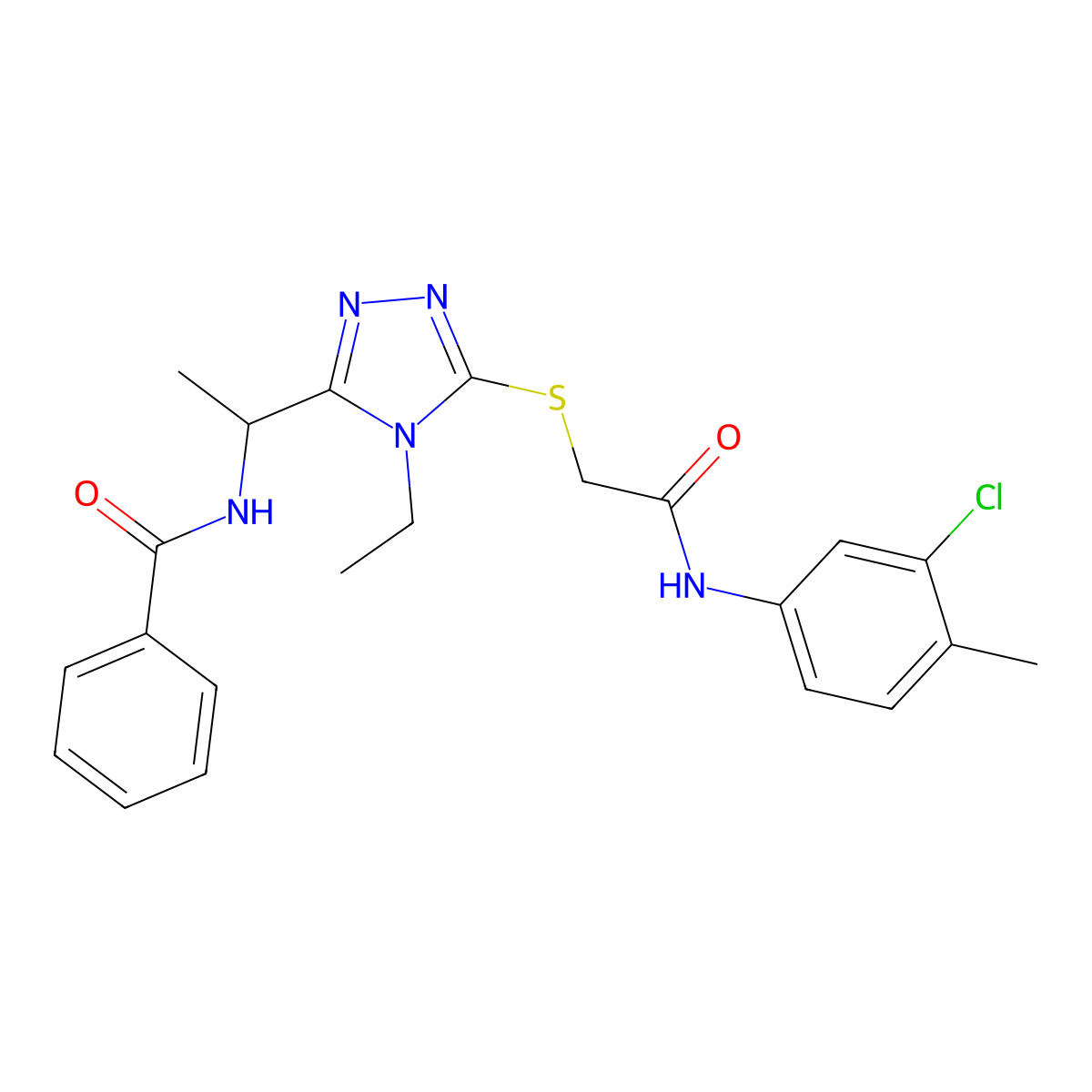 N-[1-[5-[2-(3-chloro-4-methylanilino)-2-oxoethyl]sulfanyl-4-ethyl-1,2,4-triazol-3-yl]ethyl]benzamide molecular structure, CAS 693270-02-9