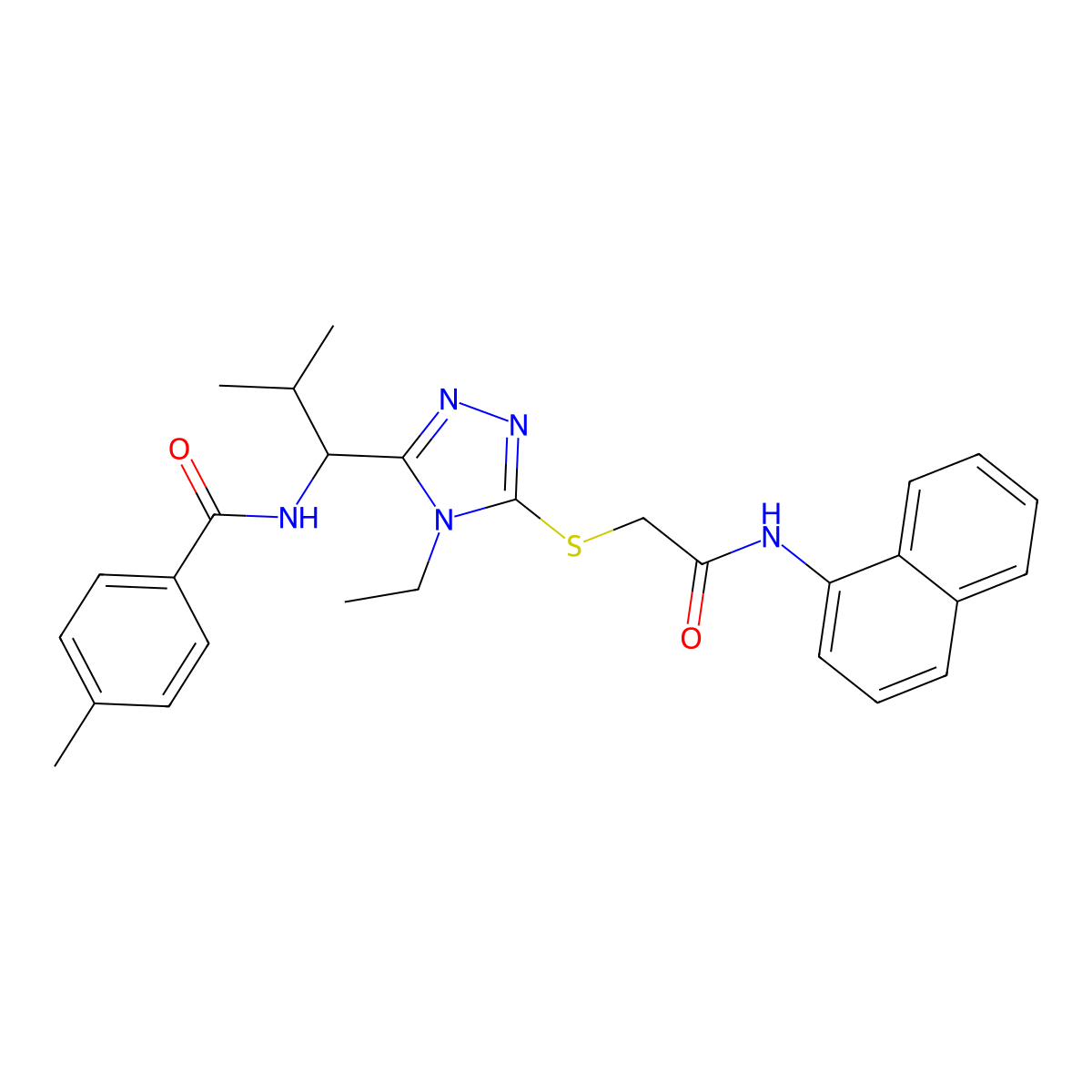 N-[1-(4-ethyl-5-{[2-(naphthalen-1-ylamino)-2-oxoethyl]sulfanyl}-4H-1,2,4-triazol-3-yl)-2-methylpropyl]-4-methylbenzamide molecular structure, CAS 693270-03-0