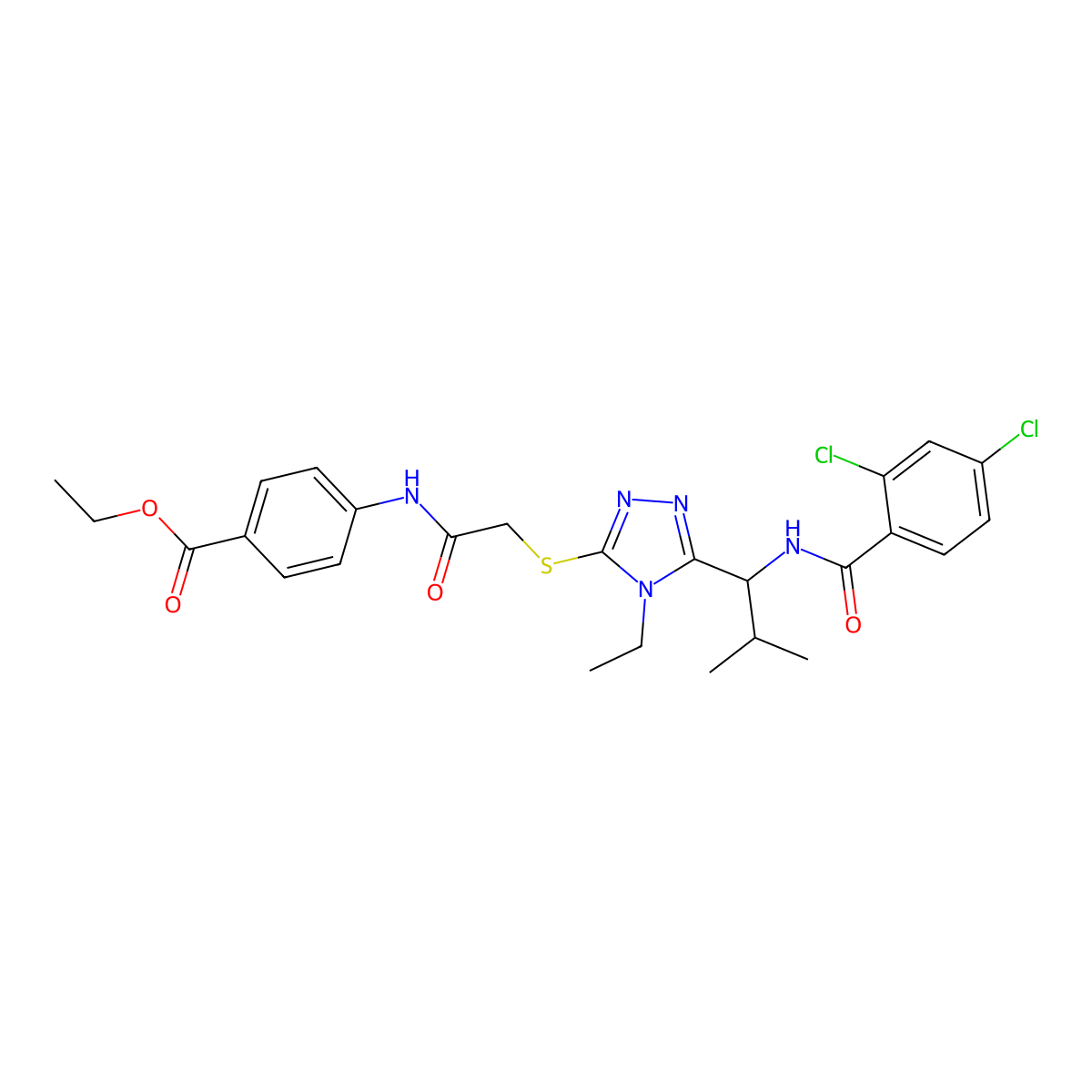 ethyl 4-[({[5-(1-{[(2,4-dichlorophenyl)carbonyl]amino}-2-methylpropyl)-4-ethyl-4H-1,2,4-triazol-3-yl]sulfanyl}acetyl)amino]benzoate molecular structure, CAS 693270-16-5
