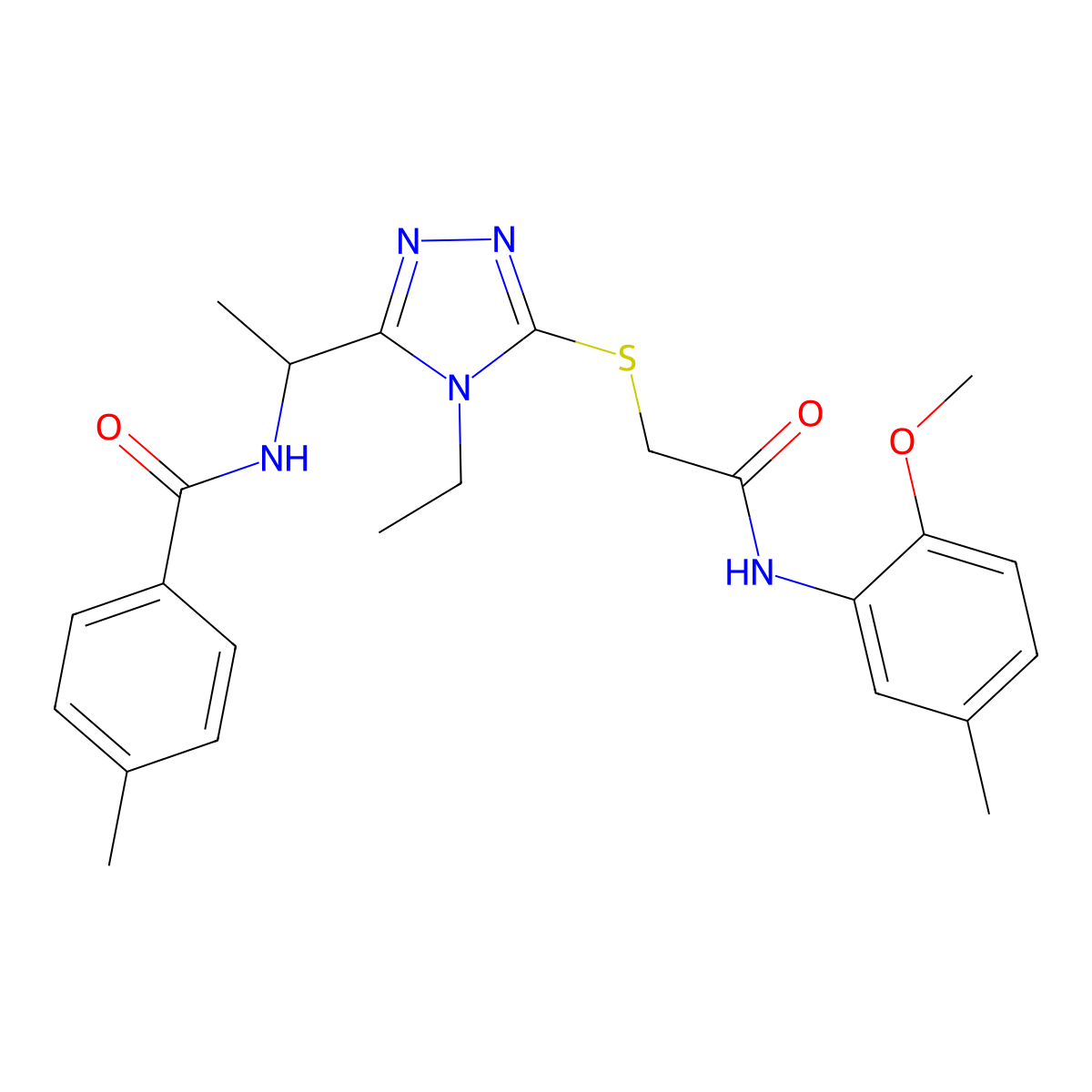 N-{1-[4-ethyl-5-({2-[(2-methoxy-5-methylphenyl)amino]-2-oxoethyl}sulfanyl)-4H-1,2,4-triazol-3-yl]ethyl}-4-methylbenzamide molecular structure, CAS 693795-19-6