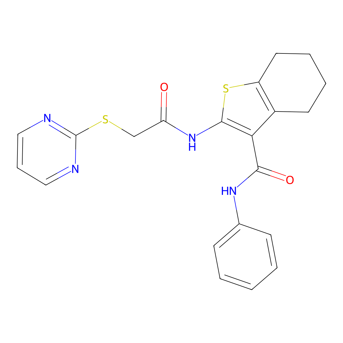 N-phenyl-2-{[(pyrimidin-2-ylsulfanyl)acetyl]amino}-4,5,6,7-tetrahydro-1-benzothiophene-3-carboxamide molecular structure, CAS 693795-93-6