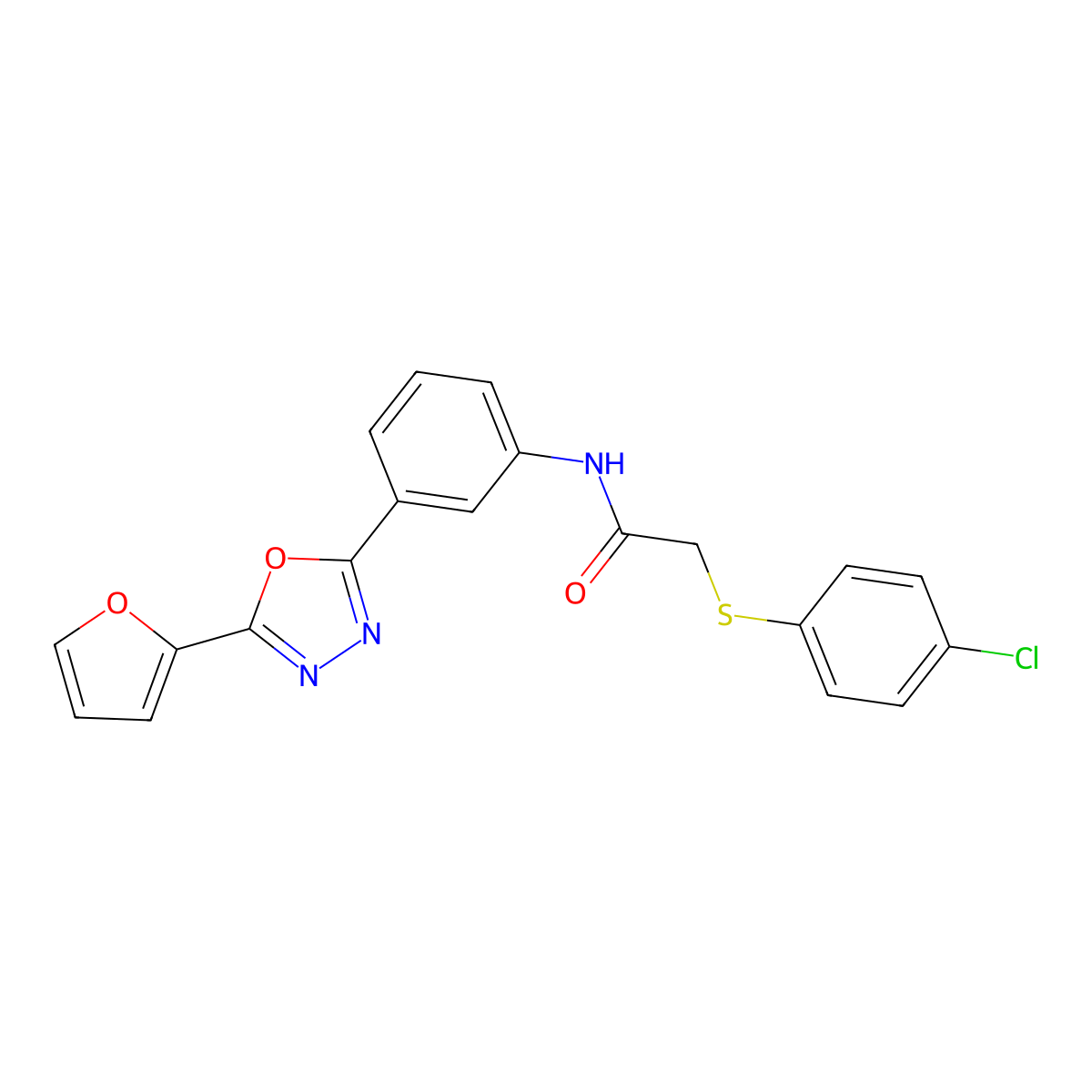 2-(4-chlorophenyl)sulfanyl-N-[3-[5-(furan-2-yl)-1,3,4-oxadiazol-2-yl]phenyl]acetamide molecular structure, CAS 693796-07-5